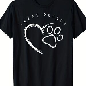 Treat Dealer Black Dog T-Shirt with White Paw Heart Graphic